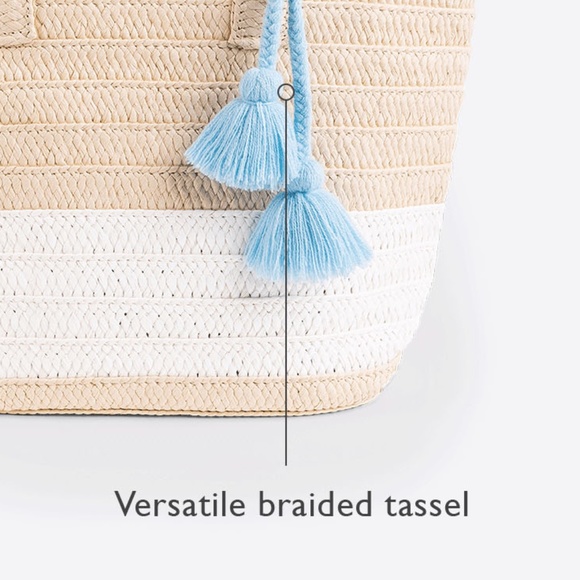 NWOT Altru Straw Tote Bag with Light Blue Tassels - Picture 4 of 7